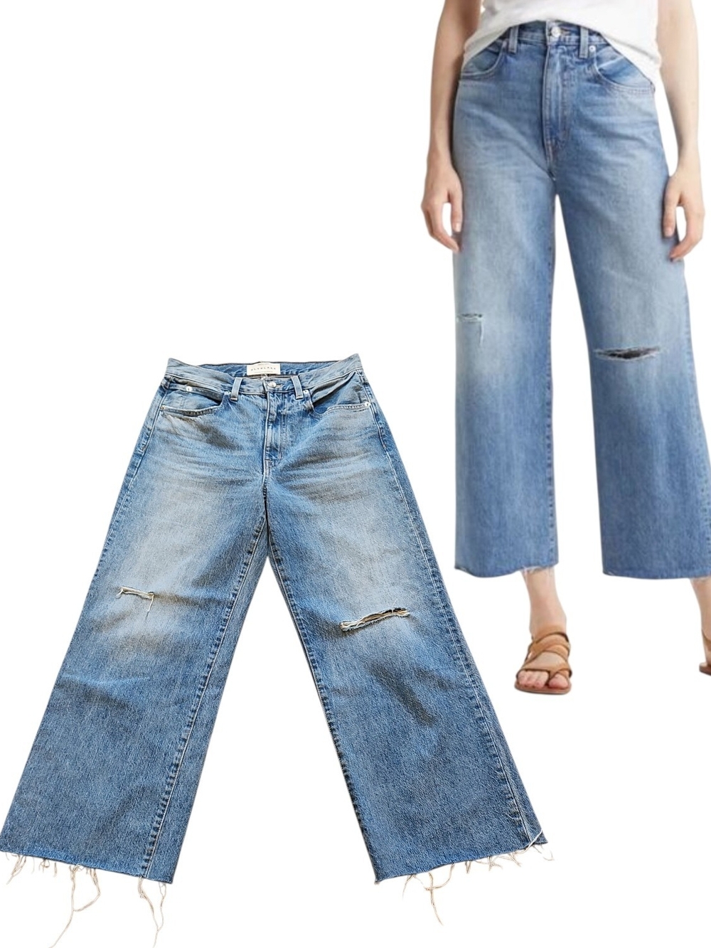 SLVRLAKE The Grace Crop Wide Leg High Rise Jeans Rockaway Distressed Raw Hem 28